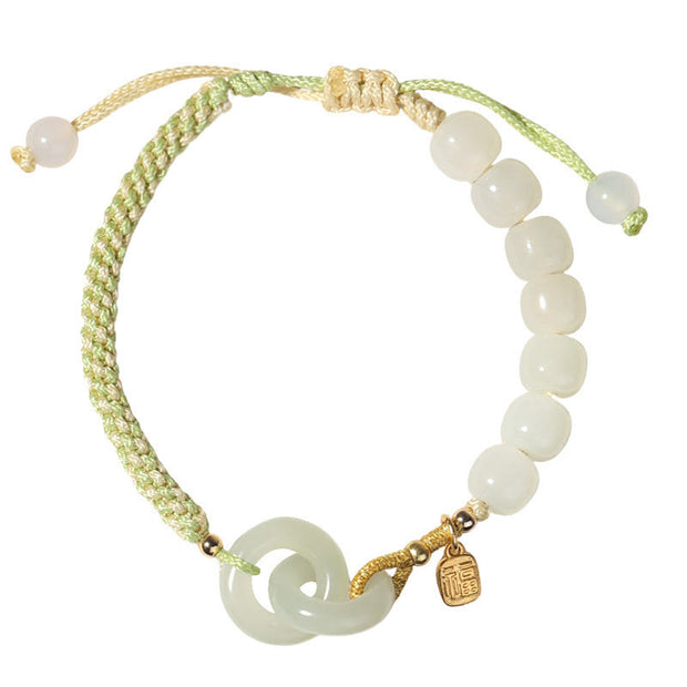 Buddha Stones Natural Hetian Jade Bead Double Peace Buckle Fu Character Abundance Braided Bracelet Bracelet BS 25