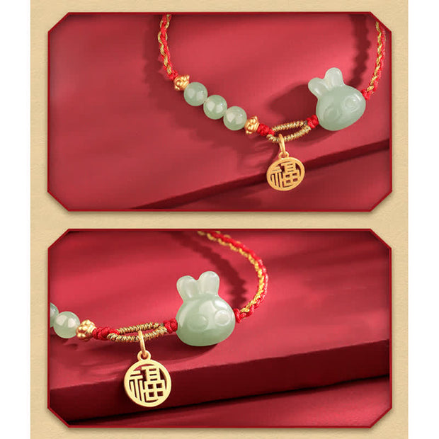 Buddha Stones 925 Sterling Silver Year of the Rabbit Hetian Jade Happiness Luck Red String Bracelet Bracelet BS 8