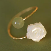 Buddha Stones 14K Gold Plated Tridacna Stone Rose Flower Jade Bead Blessing Ring Ring BS Tridacna Stone&Jade