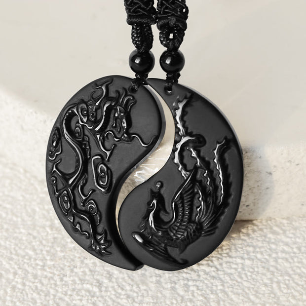 Buddha Stones Black Obsidian Yin Yang Dragon Phoenix Luck Necklace Pendant Necklaces & Pendants BS 2
