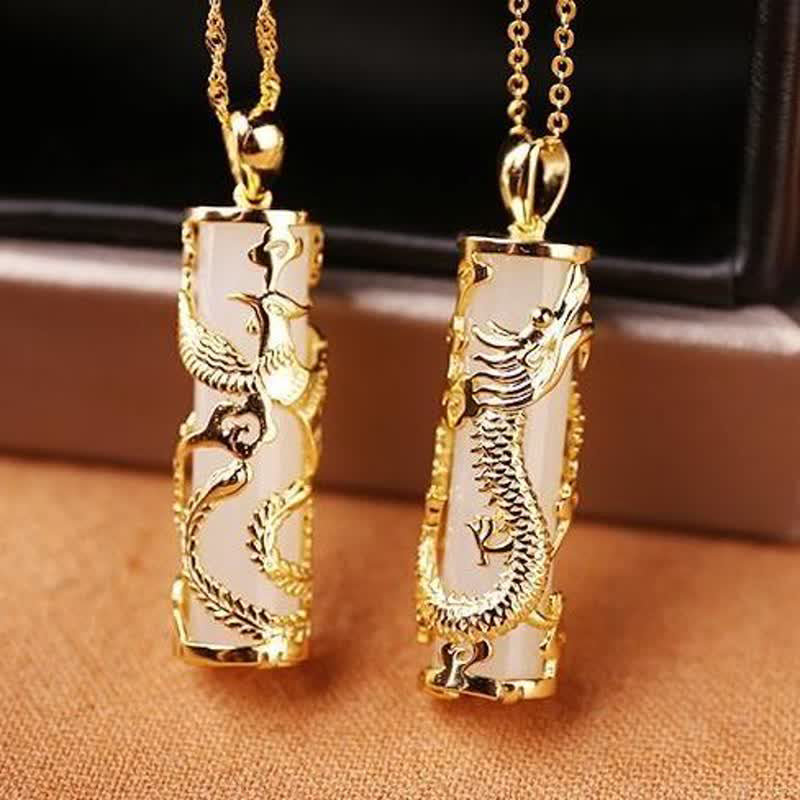Dragon & Phoenix Crystal Couple Necklaces Set | Yin Yang Healing Stone Pendants With Chains For Him & Her