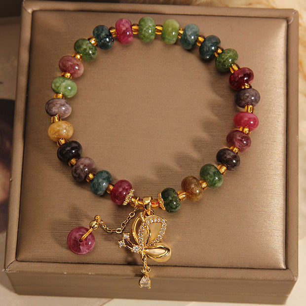 Buddha Stones Colorful Tourmaline Butterfly Charm Wisdom Bracelet