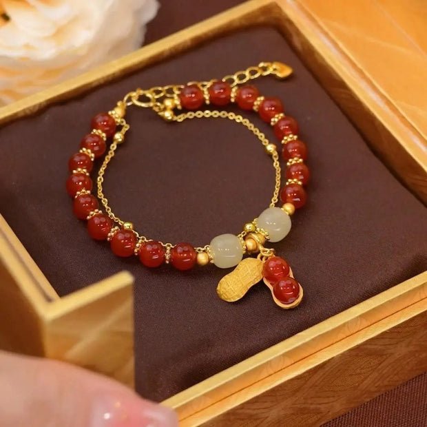Buddha Stones Jade Leaf Ginkgo Tulip Peanut Fu Character Luck Beaded Bracelet