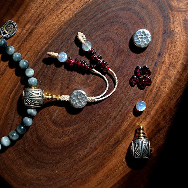 Buddha Stones 925 Sterling Silver 108 Mala Beads Eagle's Eye Stone Moonstone Positive Bracelet Mala Bracelet BS 8