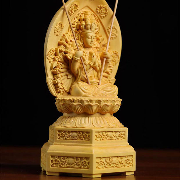Buddha Stones Handmade Thousand-armed Avalokitesvara Kwan Yin Bodhisattva Statue Boxwood Abundance Home Decoration Decorations BS 7