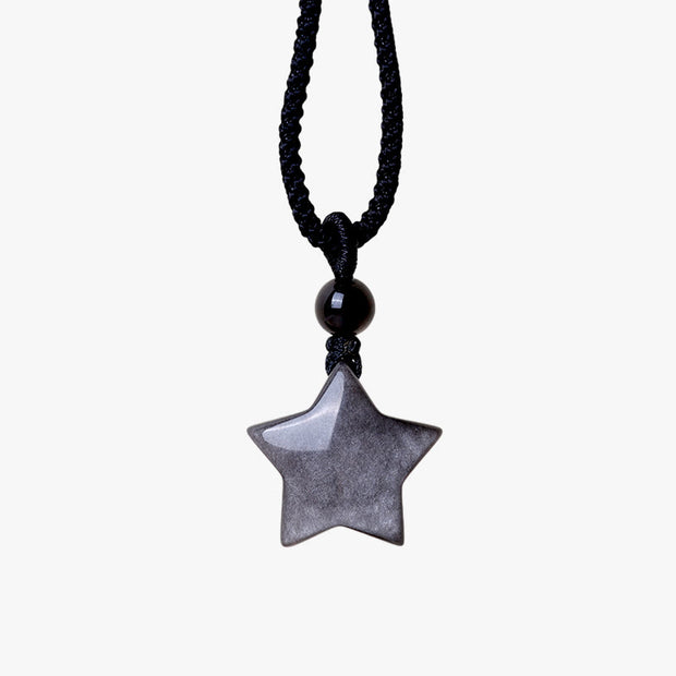 Buddha Stones Natural Silver Sheen Obsidian Star Crescent Moon Protection Necklace Pendant