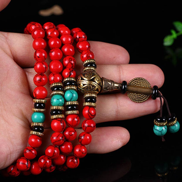 Buddha Stones Tibetan Mala Red Turquoise Lucky Necklace Bracelet Mala Bracelet BS 9