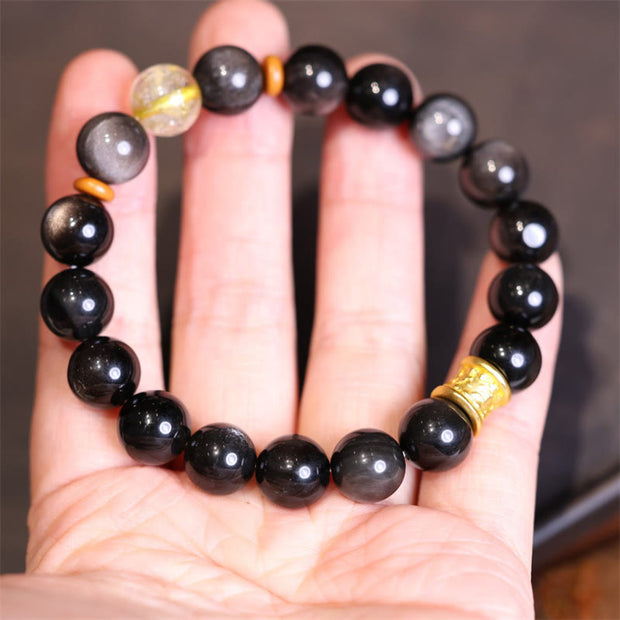 Buddha Stones Natural Silver Sheen Obsidian Crystal Om Mani Padme Hum Bead Protection Bracelet Bracelet BS 5