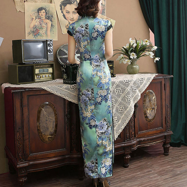 Buddha Stones Vintage Lotus Magnolia Peony Flower Pattern Cheongsam Dress Women's Qipao Dress