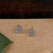 Buddha Stones Tibetan 925 Sterling Silver Om Mani Padme Hum Flower Pattern Peace Stud Earrings