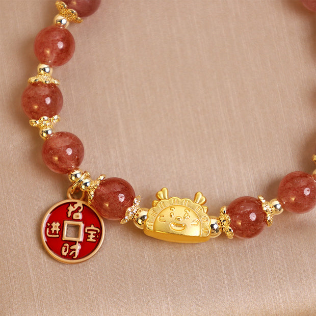 Buddha Stones Year of the Dragon Strawberry Quartz Copper Coin Attract Wealth Charm Bracelet Bracelet BS 6