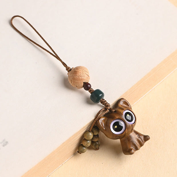 Buddha Stones Green Sandalwood Lucky Cat Koi Fish Cure Key Chain Phone Hanging Decoration
