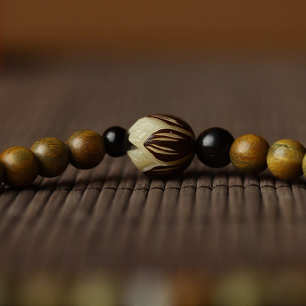 Buddha Stones Green Sandalwood Bodhi Seed Lotus Soothing Double Wrap Bracelet Bracelet BS 7