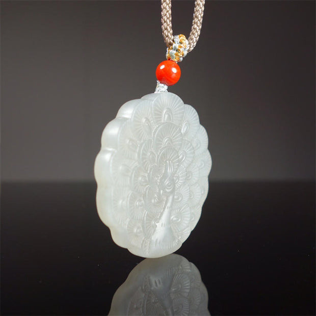 Buddha Stones White Jade Peacock Protection Blessing Necklace Pendant Necklaces & Pendants BS 4