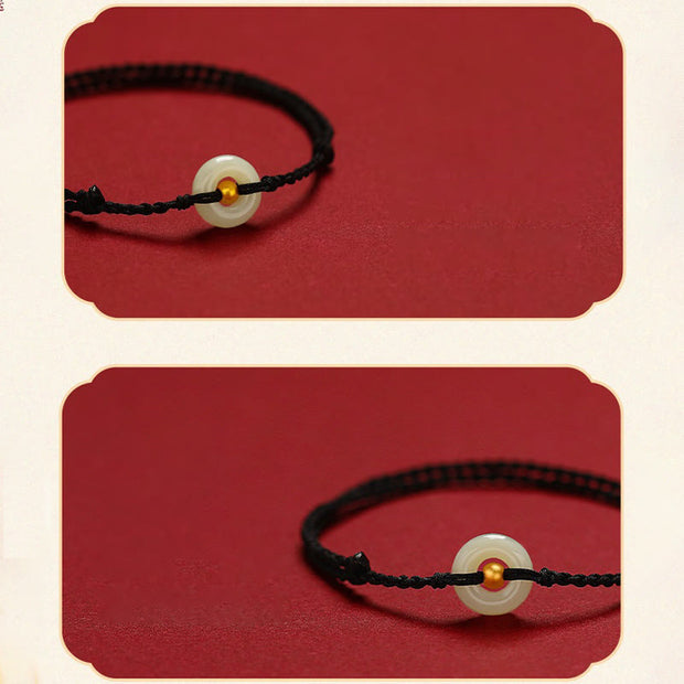 Buddha Stones 999 Gold Bead Round Peace Buckle Hetian Jade Luck Abundance Braided Bracelet Anklet Bracelet BS 12