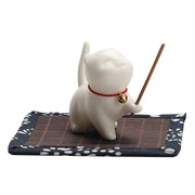 Buddha Stones Mini Lucky Cat Kitten Tea Pet Ceramic Home Desk Figurine Decoration With Bamboo Mat