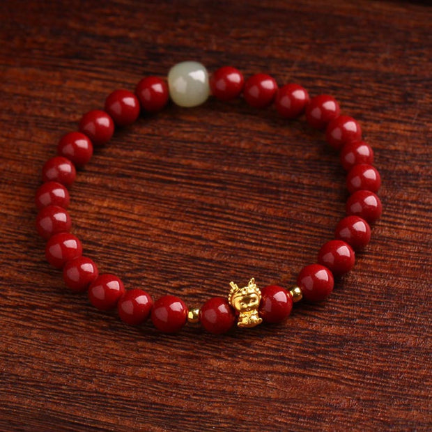 Buddha Stones 999 Gold Year of the Dragon Natural Cinnabar Jade Copper Coin Fu Character Blessing Bracelet Bracelet BS 4