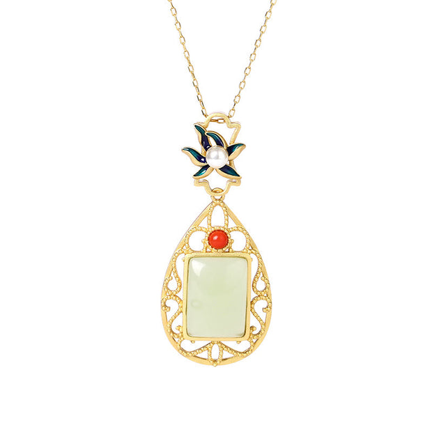 Buddha Stones Vintage Flower Jade Plated Gold Prosperity Necklace Pendant Necklaces & Pendants BS 6