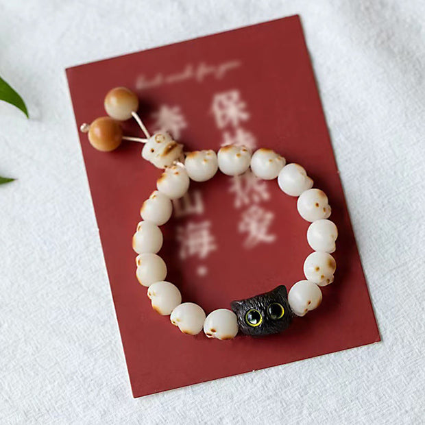 Buddha Stones Natural Bodhi Seed Red Sandalwood Lovely Paw Lucky Cat Peace Bracelet