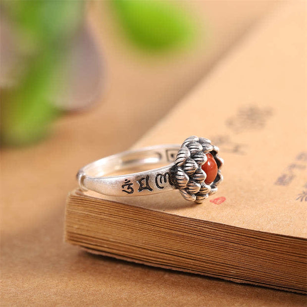 Buddha Stones925 Sterling Silver Lotus Red Agate Confidence Blessing Ring Ring BS 6