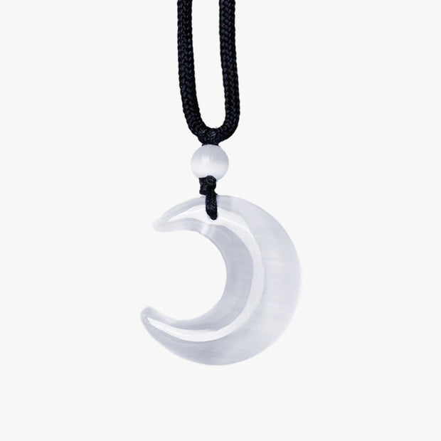 Buddha Stones Natural Silver Sheen Obsidian Selenite Crystal Crescent Moon Yin Yang Couple Protection Necklace Pendant Necklaces & Pendants BS 14