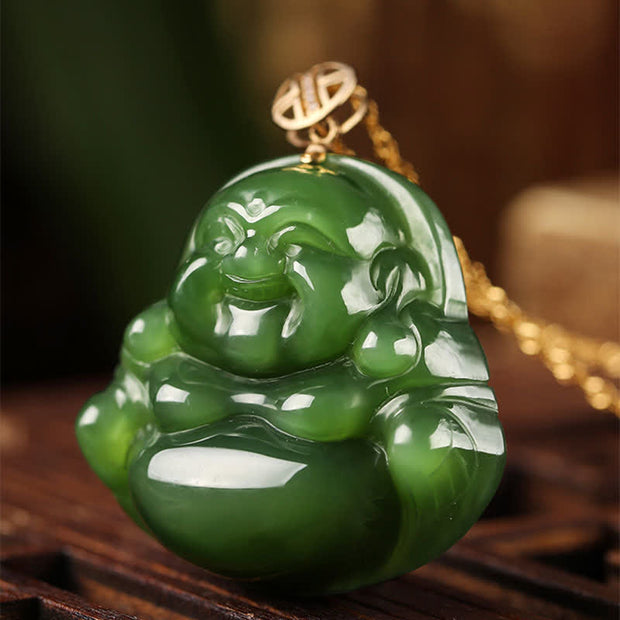 Buddha Stones 925 Sterling Silver Laughing Buddha Hetian Cyan Jade 18K Gold Success Necklace Chain Pendant Necklaces & Pendants BS 6