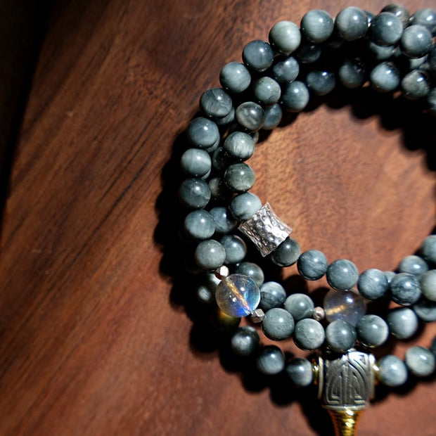 Buddha Stones 925 Sterling Silver 108 Mala Beads Eagle's Eye Stone Moonstone Positive Bracelet
