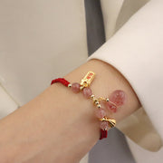 Buddha Stones Natural Strawberry Quartz Money Bag Lotus Healing Charm Red String Braided Bracelet Bracelet BS 4