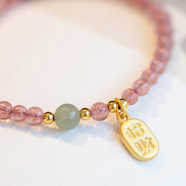 Buddha Stones Natural Strawberry Quartz Garnet Jade Lucky Fortune Fu Character Healing Charm Bracelet Bracelet BS 3