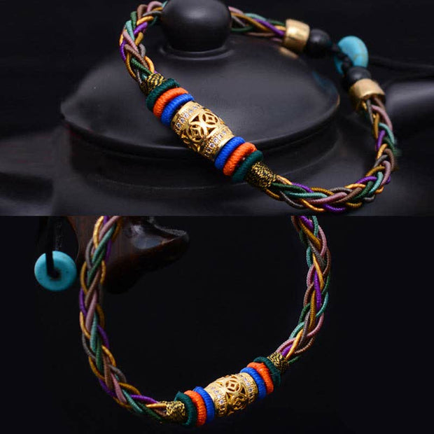 Buddha Stones Tibetan Handmade Eight Thread Knot Copper Coin Luck Weave String Bracelet Bracelet BS 5