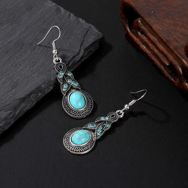 Buddha Stones Vintage Blue Rhinestones Inlaid Turquoise Stone Love Dangle Earrings Necklace Earrings BS 6