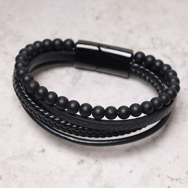 Buddha Stones Natural Lava Rock Black Onyx Bead Leather Bracelet Bracelet BS 10