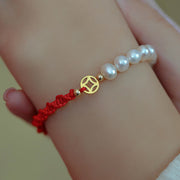 Buddha Stones 14K Gold Plated Pearl Bead Luck Protection Braid Red String Bracelet