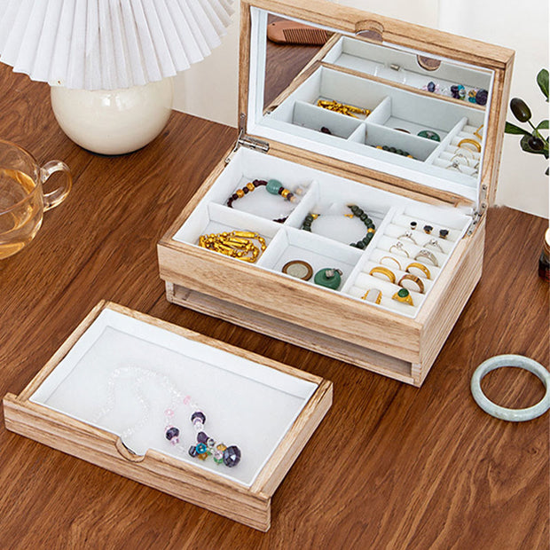 Buddha Stones Retro Beige Wooden Jewelry Box Two-Layer Jewelry Storage Box With Mirror