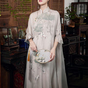 Buddha Stones 100% Mulberry Silk 6 Momme Dress Retro Pine Tree Crane Embroidery Qipao Dress Women's Cheongsam Dress