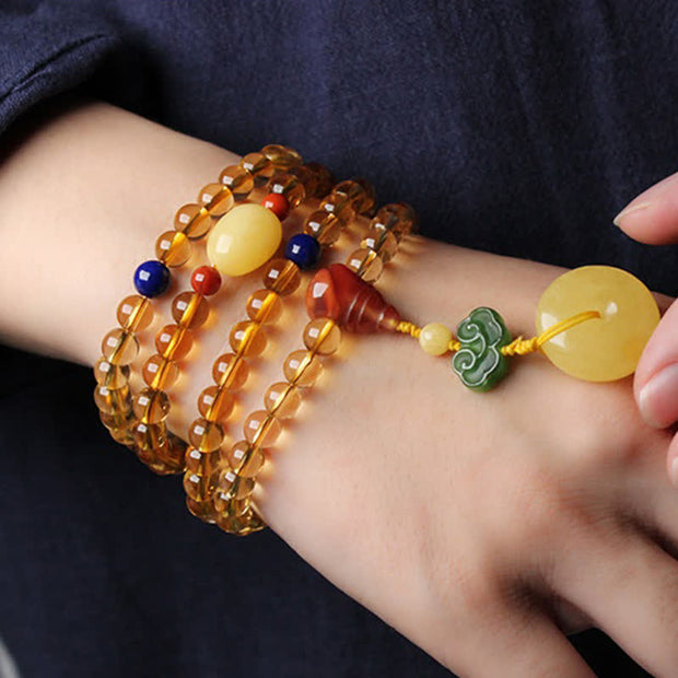 Buddha Stones 108 Mala Beads Natural Citrine Amber Peace Buckle Red Agate PiXiu Protection Charm Bracelet