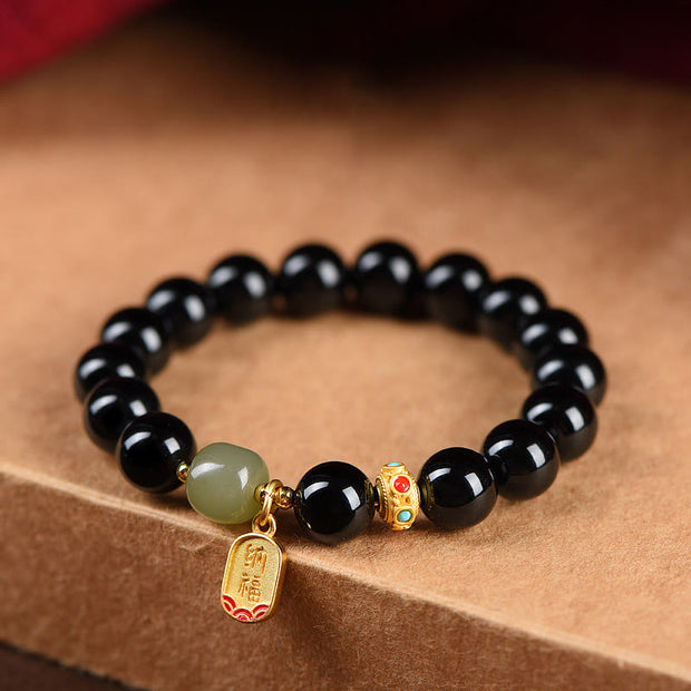 Buddha Stones Black Onyx Hetian Jade Bead Lucky Fortune Charm Bracelet Bracelet BS 8mm