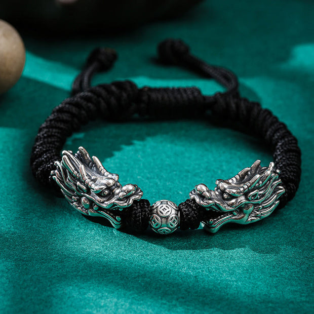 Buddha Stones 999 Sterling Silver Double Dragon Luck Handmade Braided Bracelet