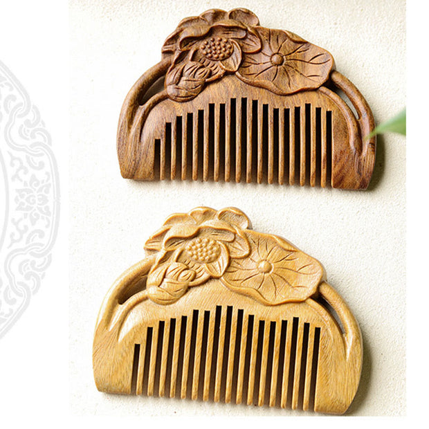 Buddha Stones Natural Green Sandalwood Lotus Flower Leaf Engraved Soothing Comb Comb BS 8