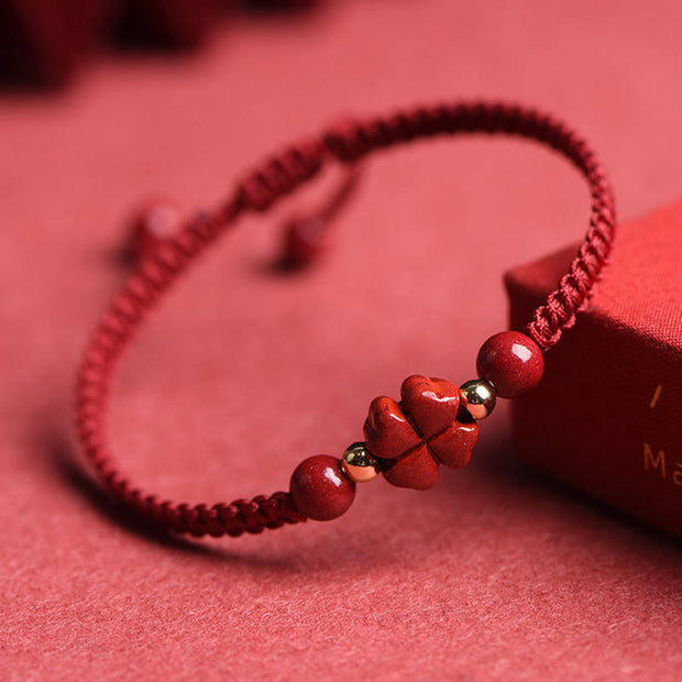 Buddha Stones Four Leaf Clover Five-petal Flower Cinnabar Blessing Red String Bracelet Bracelet BS 3