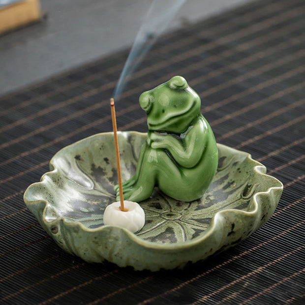Buddha Stones Leaf Meditation Frog Pattern Healing Ceramic Incense Burner Decoration Incense Burner BS Lotus Leaf Resting Frog 11.4*7cm