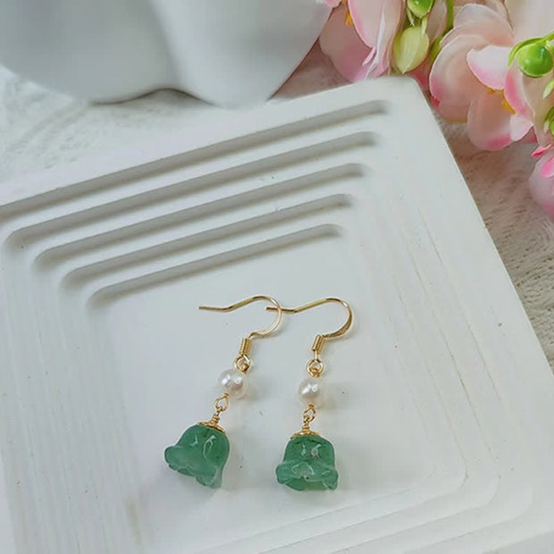 Buddha Stones Lily of The Valley Natural Green Aventurine 14K Gold Plated Luck Pearl Drop Dangle Floral Earrings Earrings BS 6