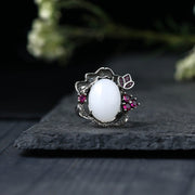 Buddha Stones White Jade Lotus Flower Happiness Blessing Ring Ring BS 4
