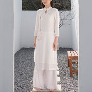 Buddha Stones 2Pcs Lotus Pattern Tai Chi Meditation Yoga Cotton Linen Clothing Top Pants Women's Set Clothes BS 5