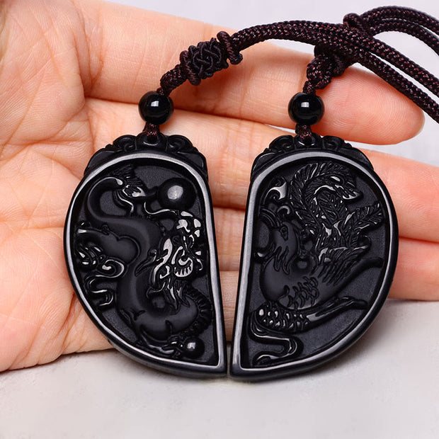 Buddha Stones Black Obsidian Love Dragon Phoenix Protection Necklace Pendant Necklaces & Pendants BS 2
