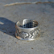 Buddha Stones 999 Sterling Silver Luck Koi Fish Lotus Heart Sutra Wealth Ring