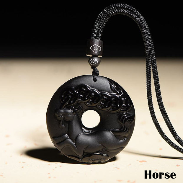Buddha Stones Chinese Zodiac Natural Black Obsidian Peace Buckle Strength Necklace Pendant Necklaces & Pendants BS Horse