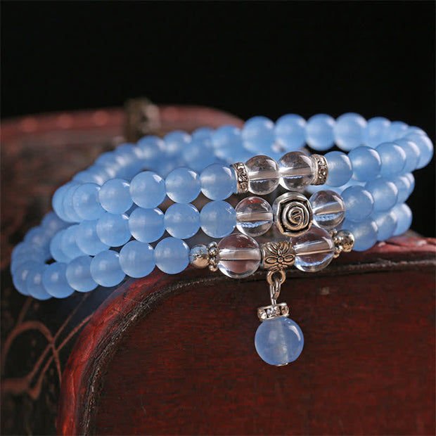 Buddha Stones Blue Chalcedony White Crystal Kindness Beads Charm Bracelet
