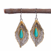 Buddha Stones 925 Sterling Silver Turquoise Bodhi Leaf Pattern Protection Drop Dangle Earrings Earrings BS 17