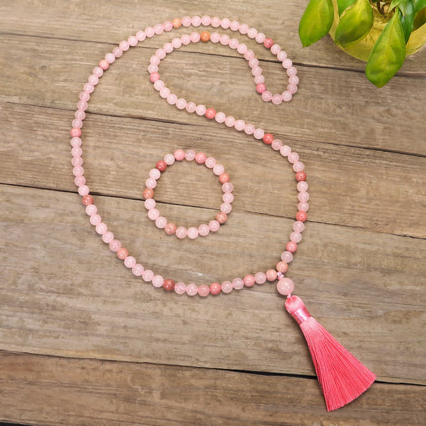 Buddha Stones 108 Mala Beads Pink Crystal Love Tassel Bracelet Mala Bracelet BS 2